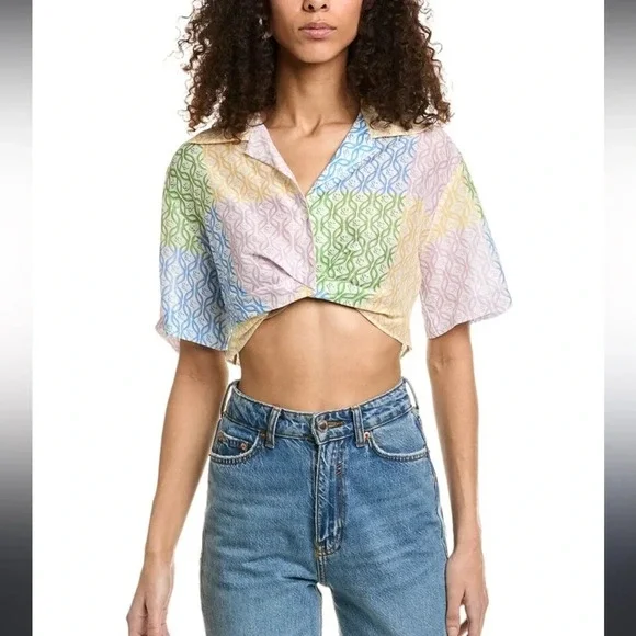 Sandro linen blend crop patched top size 2 in excellent condition - Picture 2 of 10